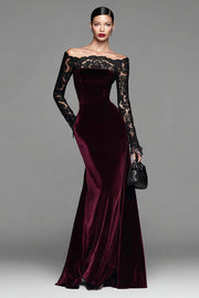 Burgundy Velvet Off The Shoulder Mermaid Formal Dress with Long Sleeves