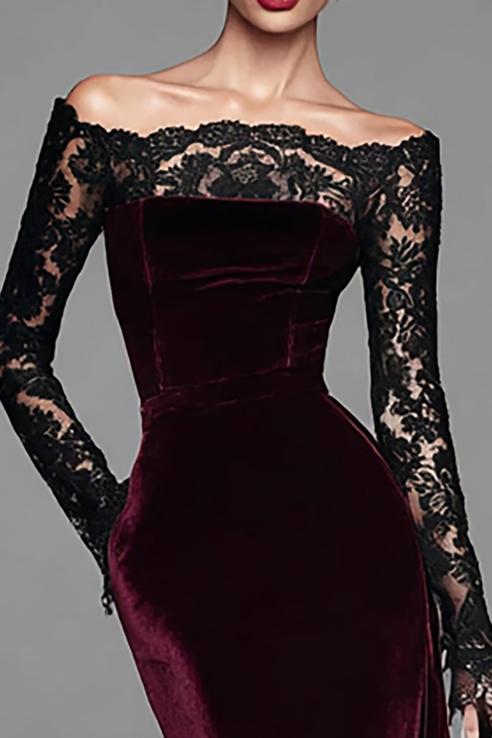 Burgundy Velvet Off The Shoulder Mermaid Formal Dress with Long Sleeves