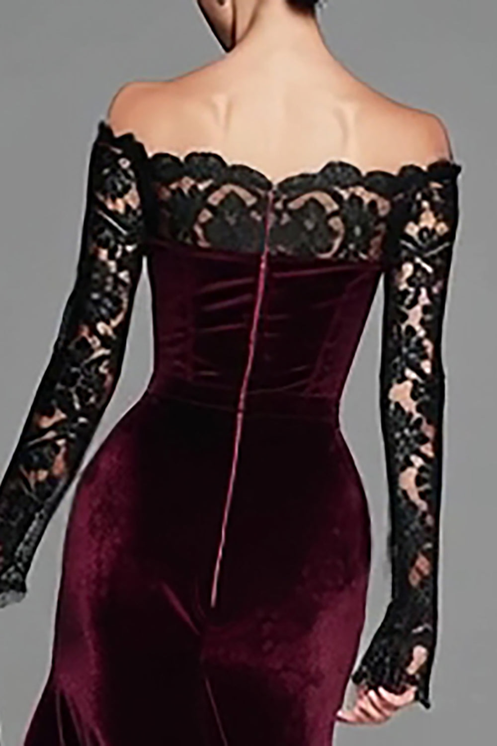 Burgundy Velvet Off The Shoulder Mermaid Formal Dress with Long Sleeves