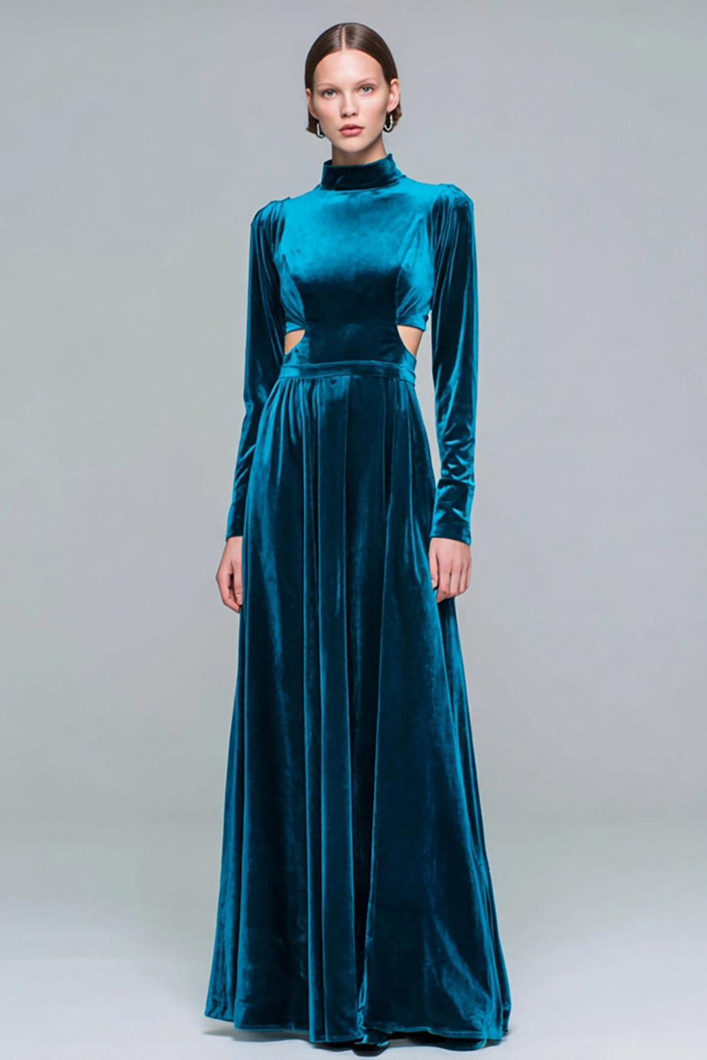Peacock Blue A-Line Cut Out Maxi Holiday Dress With Long Sleeves