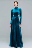 Peacock Blue A-Line Cut Out Maxi Holiday Dress With Long Sleeves