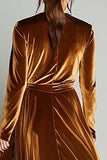 Brown Velvet A-Line V-Neck Long Sleeve Holiday Dress