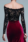 Black and Burgundy Off The Shoulder Mermaid Velvet Formal Dress With Slit