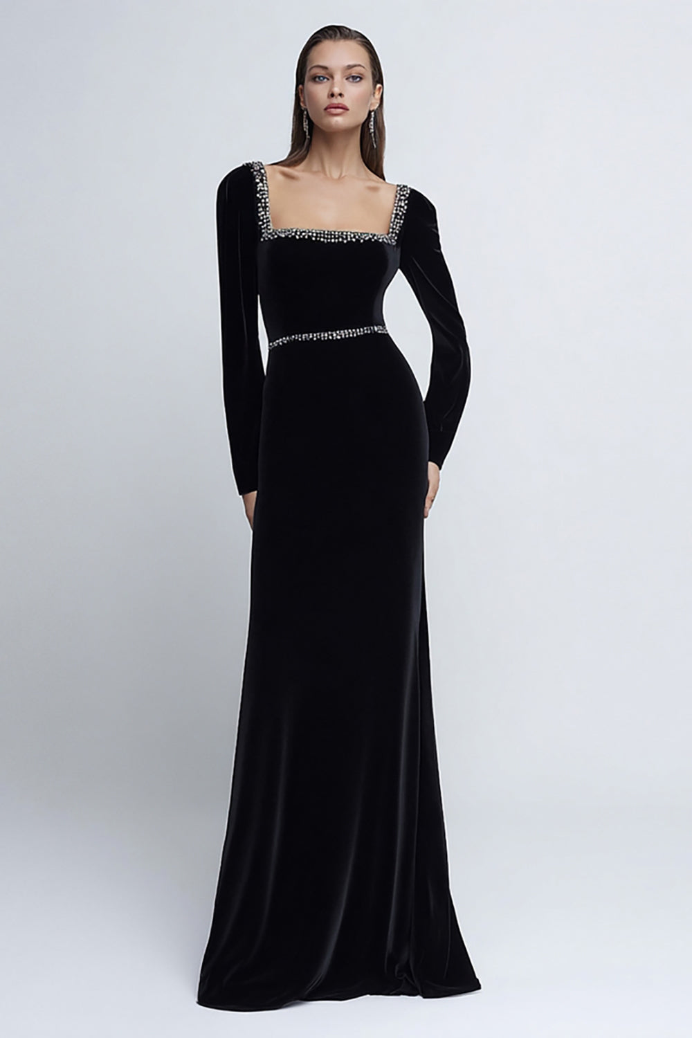 Velvet Long Sleeve Black Tie Dress with Beading