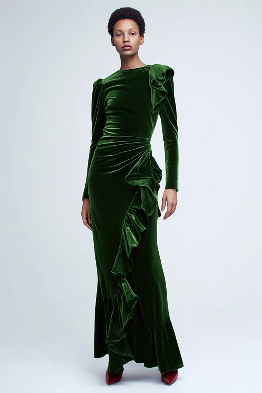 Green Velvet Long Sleeve Sheath Holiday Dress with Ruffles