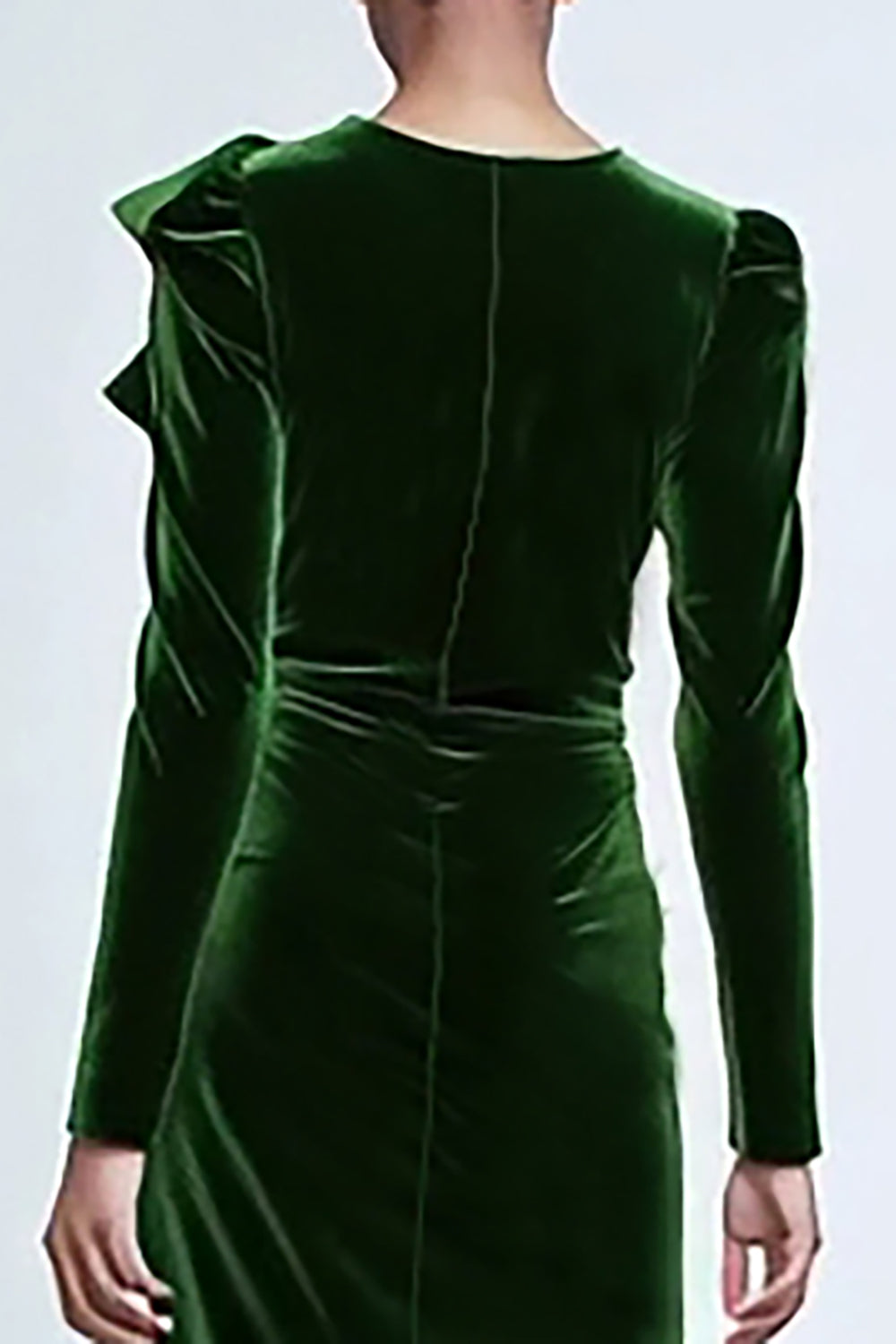 Green Velvet Long Sleeve Sheath Holiday Dress with Ruffles