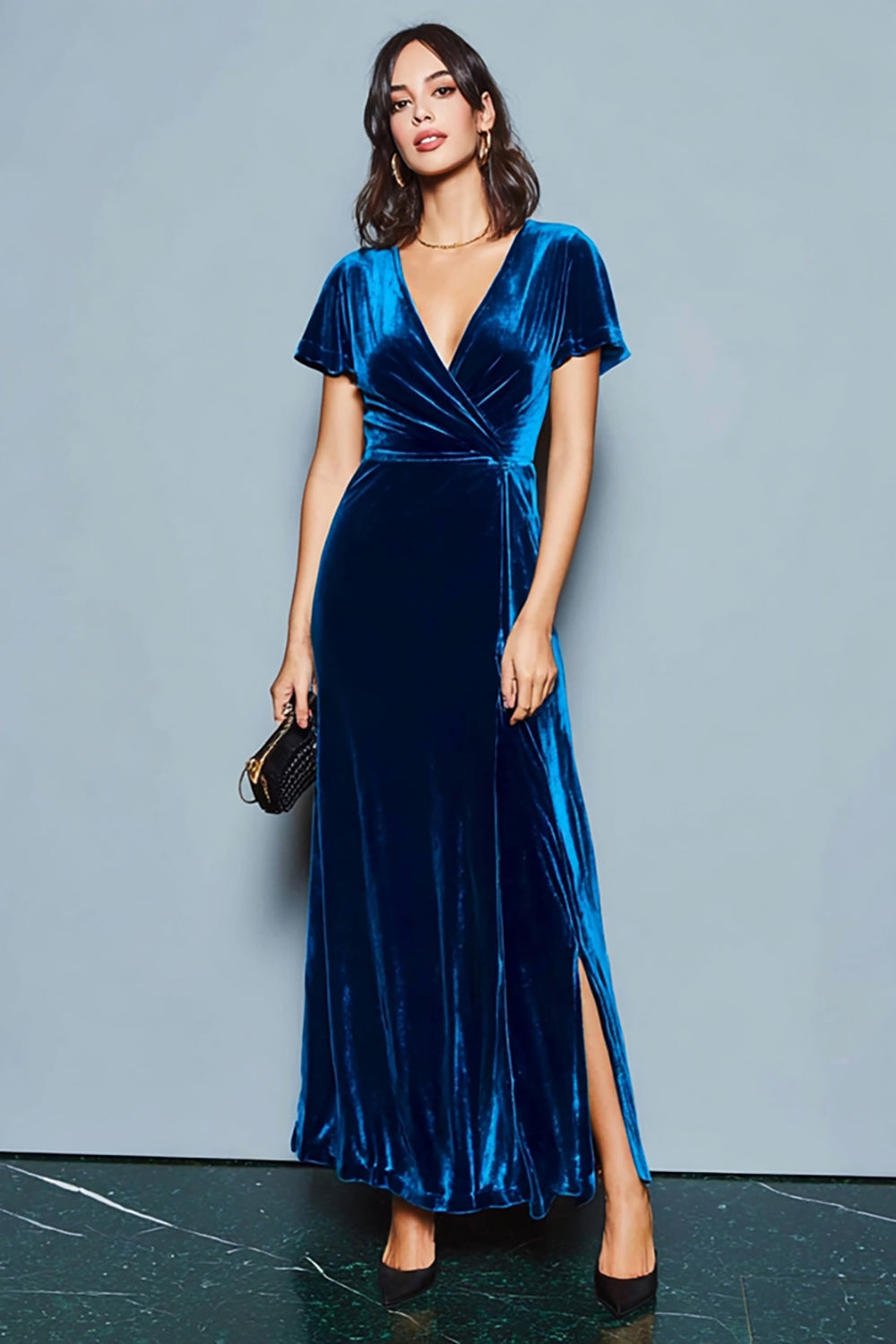 Dark Blue A-Line Velvet Holiday Party Dress With Slit