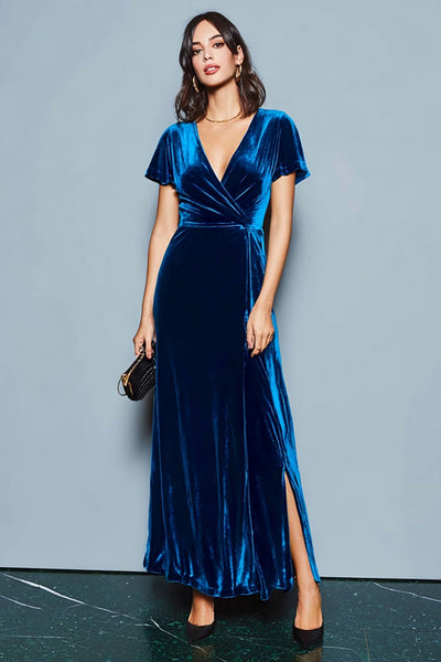 Berylove Women Dark Blue Holiday Dress A-Line V-Neck Velvet Formal