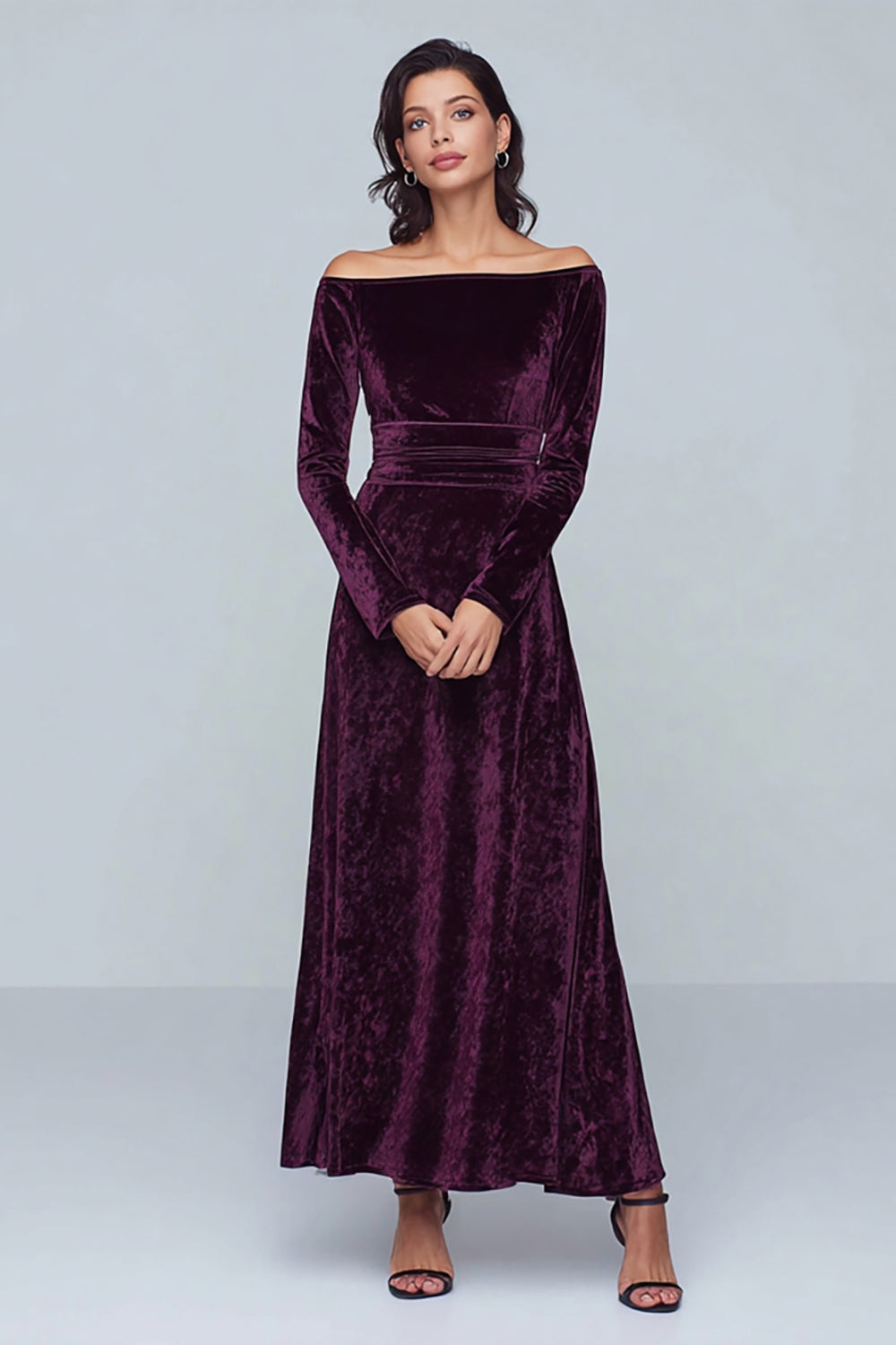 Off The Shoulder Velvet A-Line Purple Formal Dress with Long Sleeves