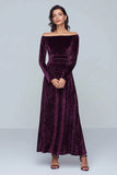 Off The Shoulder Velvet A-Line Purple Formal Dress with Long Sleeves