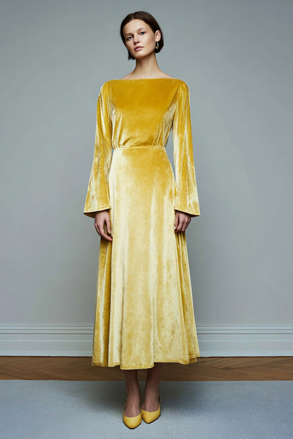 Yellow A-Line Velvet Long Sleeve Holiday Party Dress
