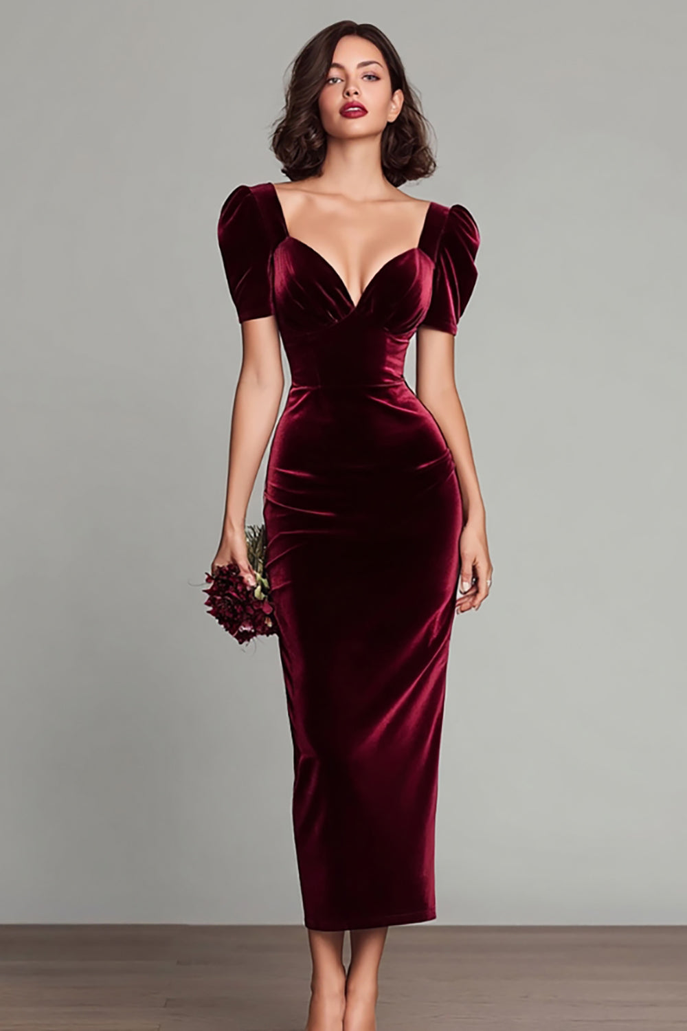 Burgundy Velvet Sheath V-Neck Formal Dress