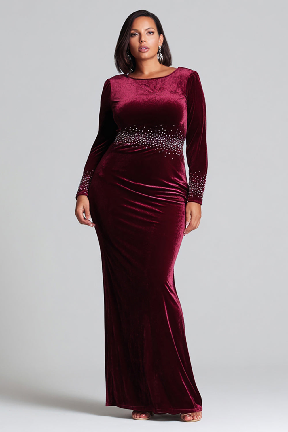 Plus Size Burgundy Velvet Beaded Holiday Dress with Long Sleeves