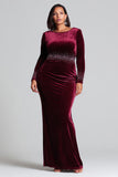 Plus Size Burgundy Velvet Beaded Holiday Dress with Long Sleeves