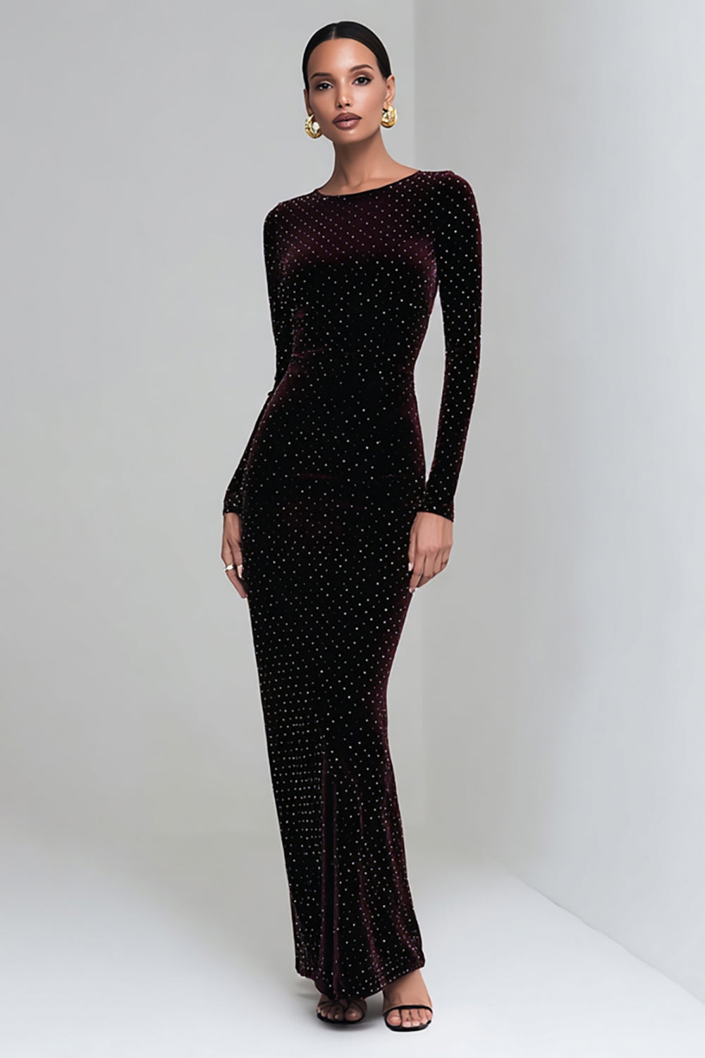 Velvet Beaded Sheath Long Sleeve Coffee Formal Dress