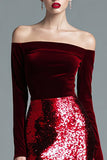 Burgundy Off The Shoulder Velvet Long Formal Dress With Sequins