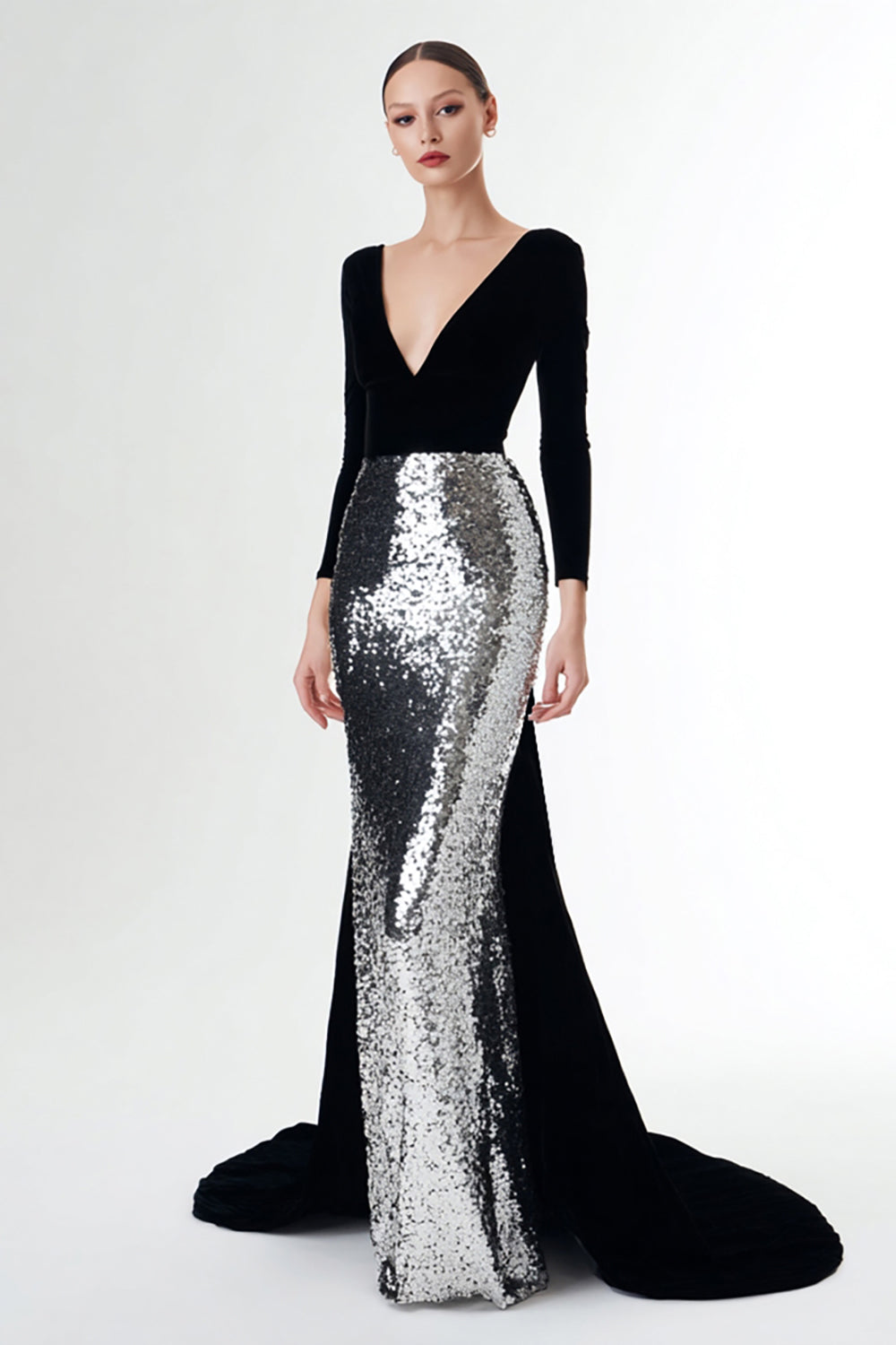 Sequin Mermaid Velvet Black and Silver Formal Dress with Long Sleeves