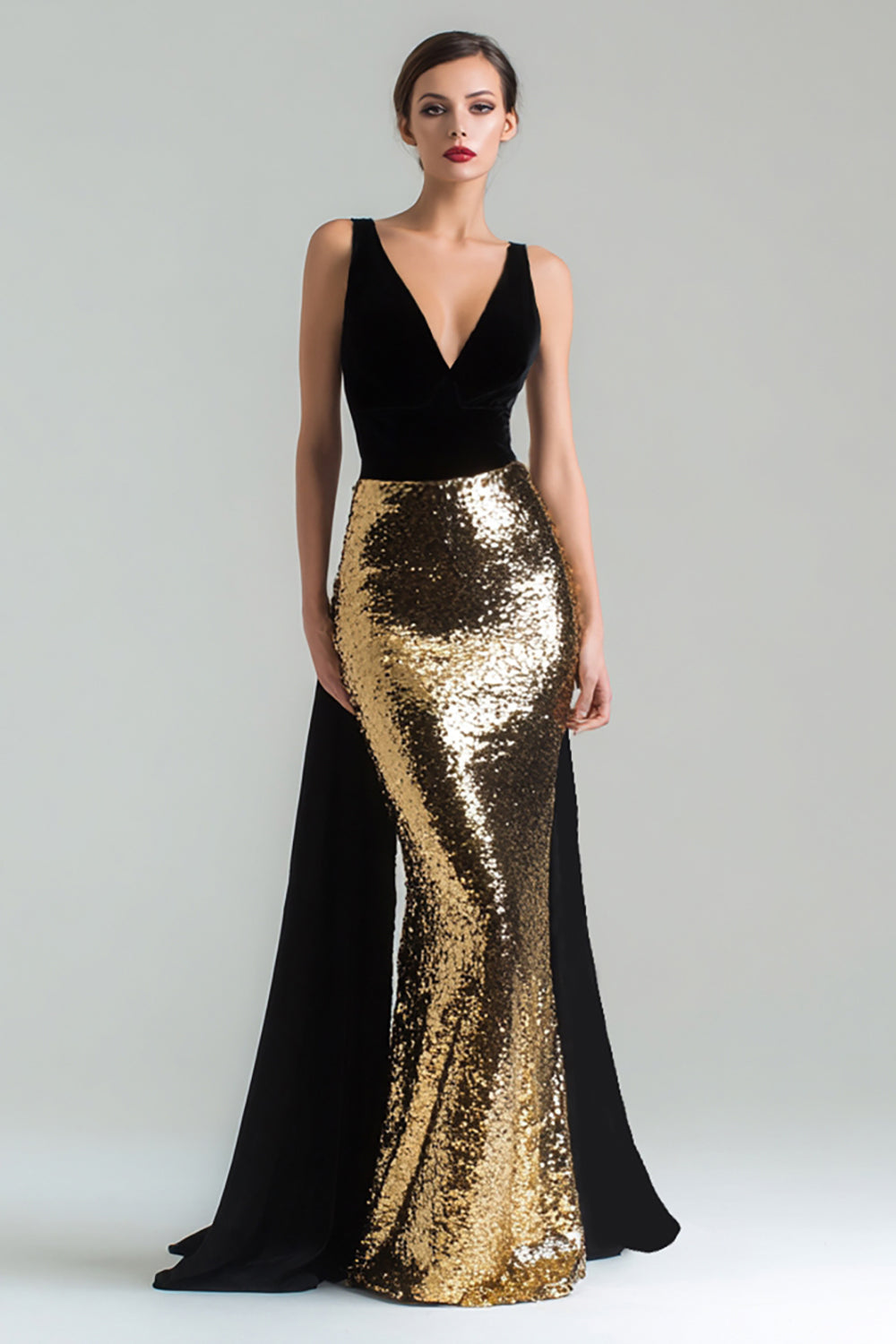 Sparkly Gold and Black Mermaid V-Neck Gala Dress with Sash