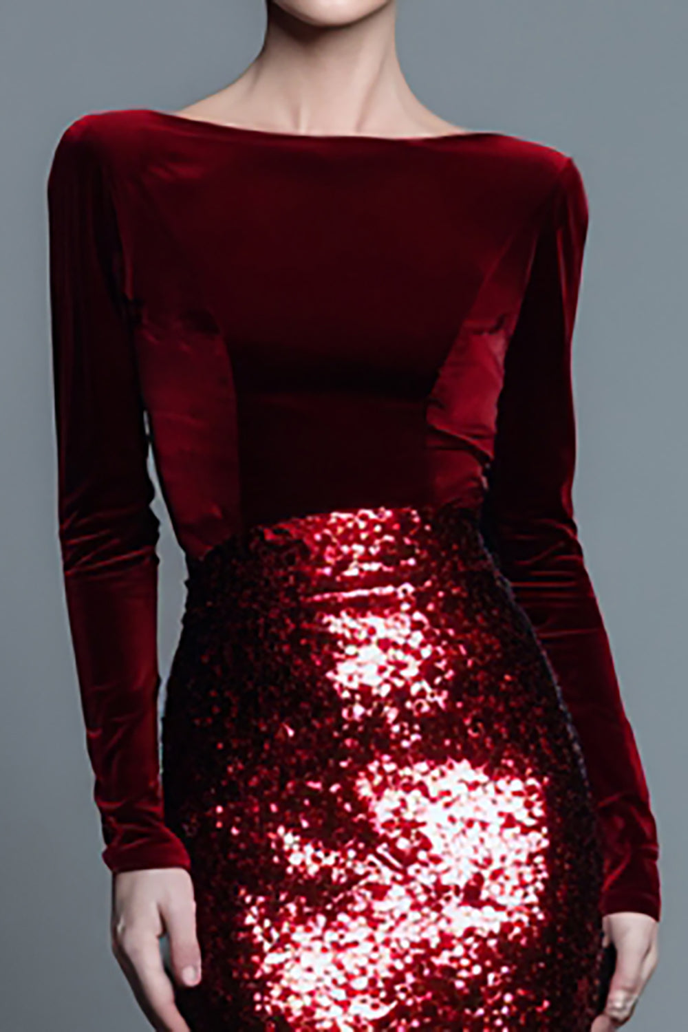 Navy Velvet Long Sleeve Bateau Neck Formal Dress With Sequins