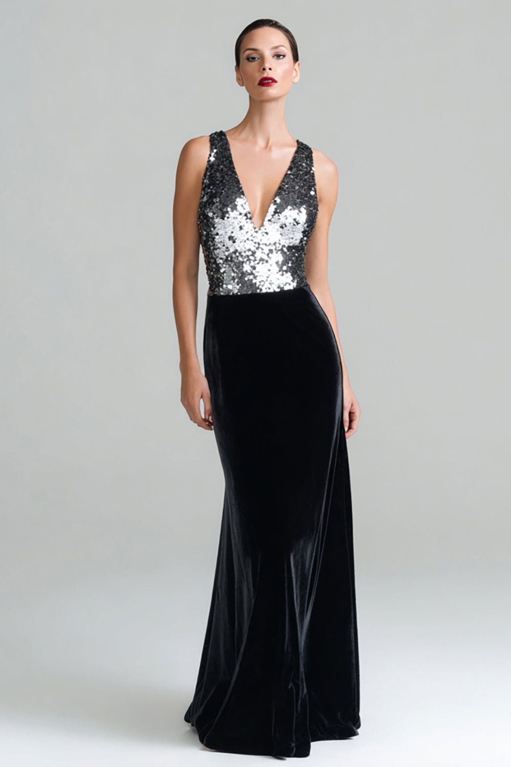 Black and Silver Mermaid V-Neck Formal Dress With Sequins