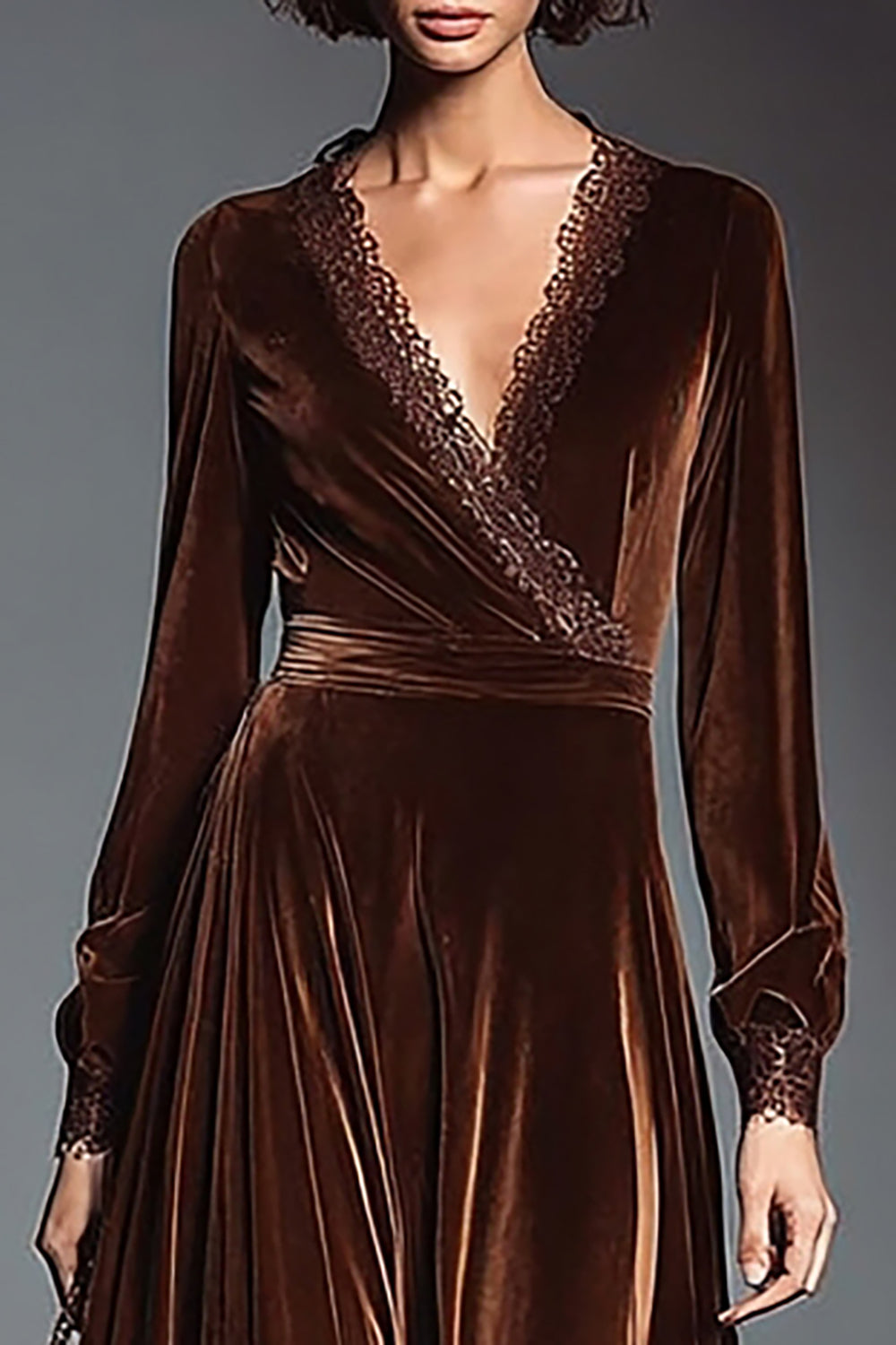Coffee Velvet A-Line Long Sleeve Formal Dress with Lace