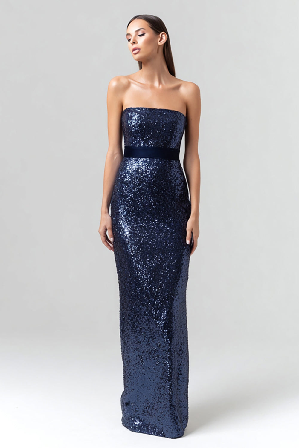 Navy Strapless Sheath Maxi Evening Dress With Sequins