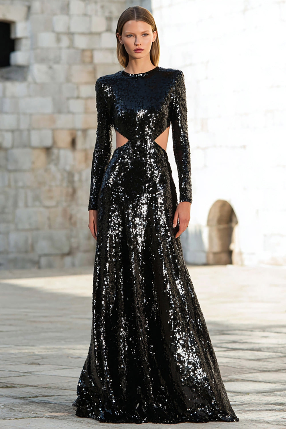 Sparkly Black A-Line Cut Out Long Sleeve Maxi Evening Dress