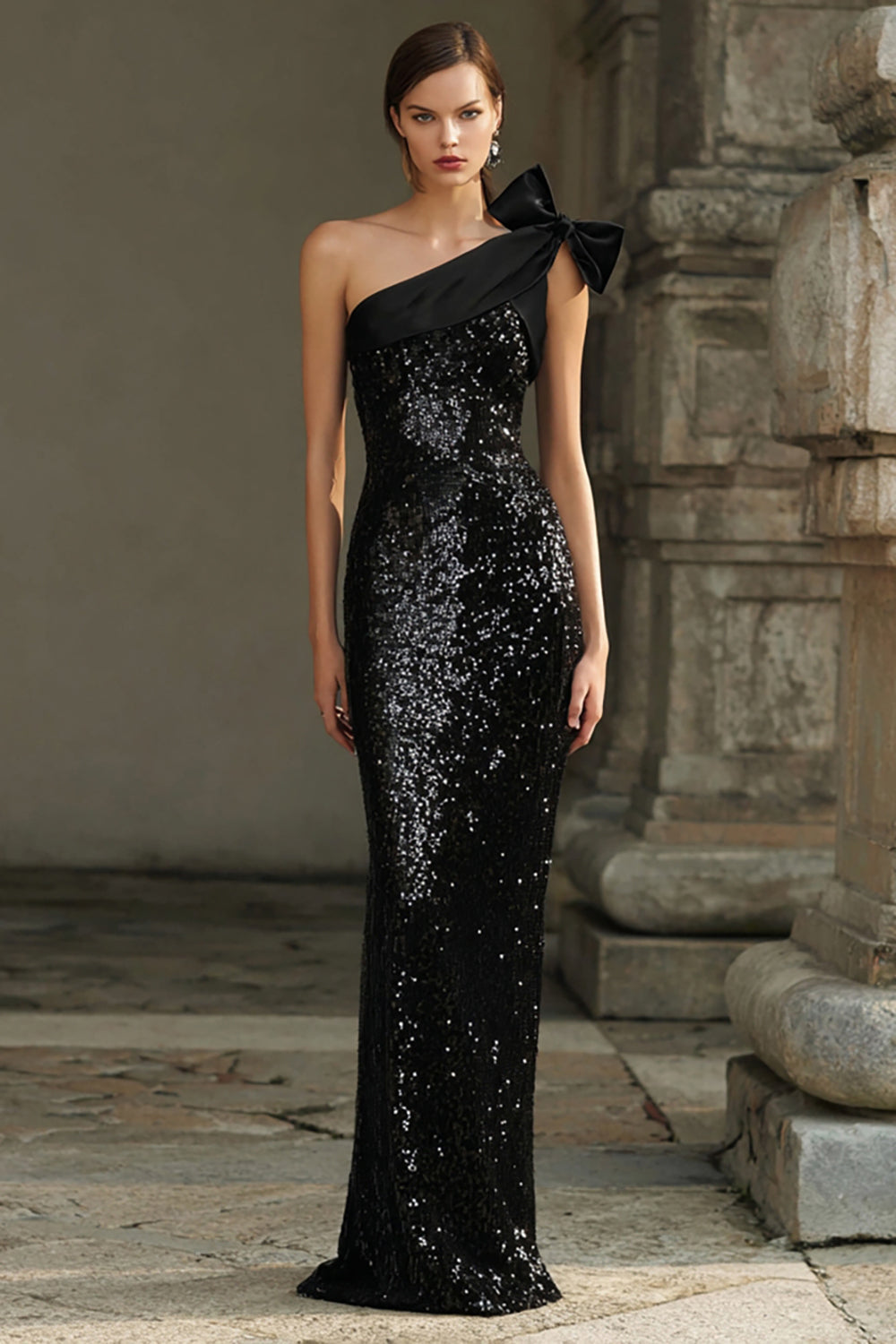 Sparkly Black One Shoulder Sheath Maxi Evening Dress With Bow