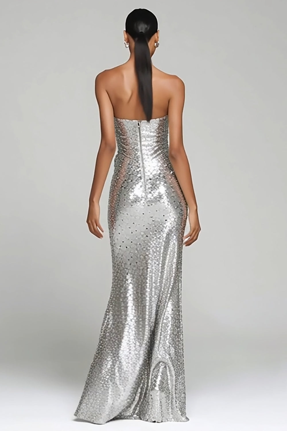 Sparkly Silver Strapless Sheath Maxi Evening Dress With Slit
