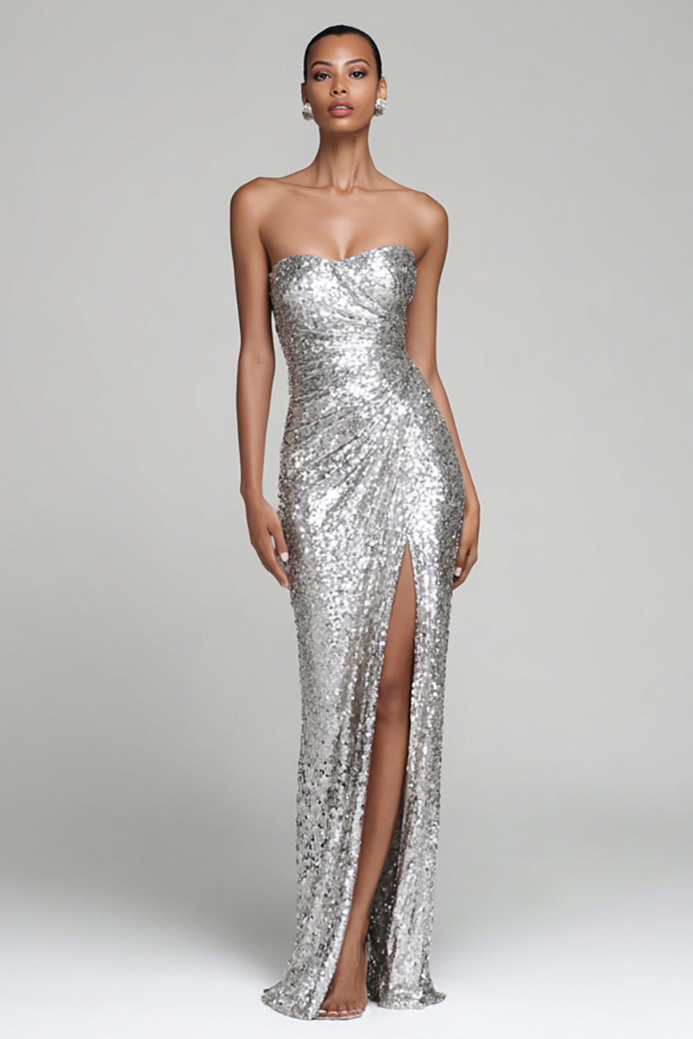 Sparkly Silver Strapless Sheath Maxi Evening Dress With Slit