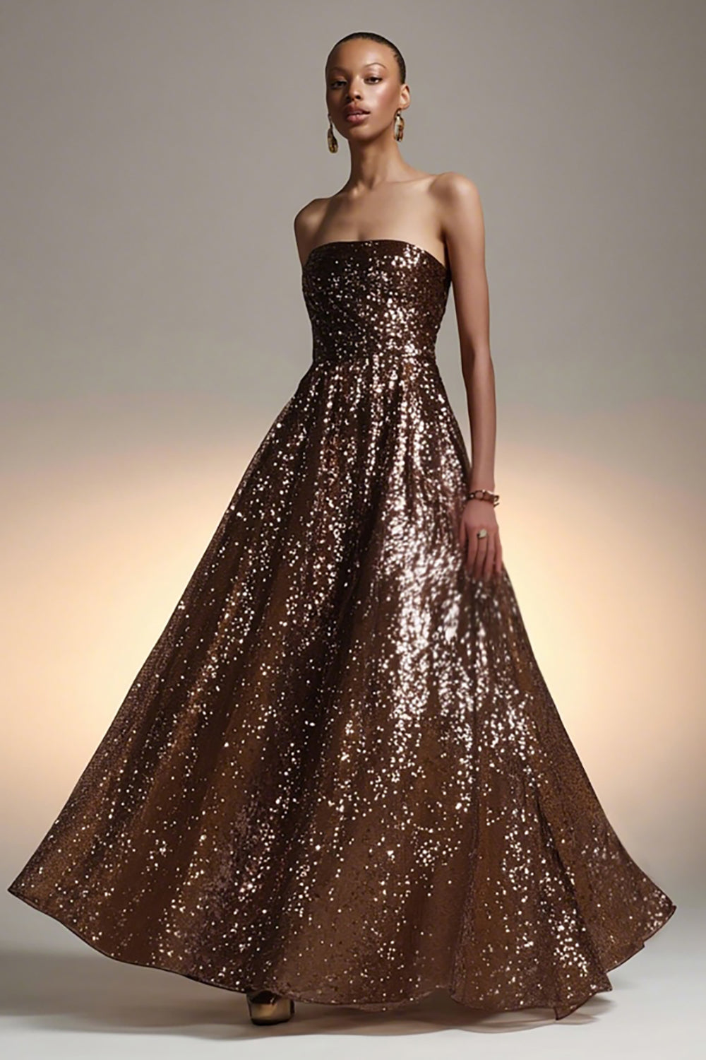Brown Strapless Sequined A-Line Maxi Gala Dress