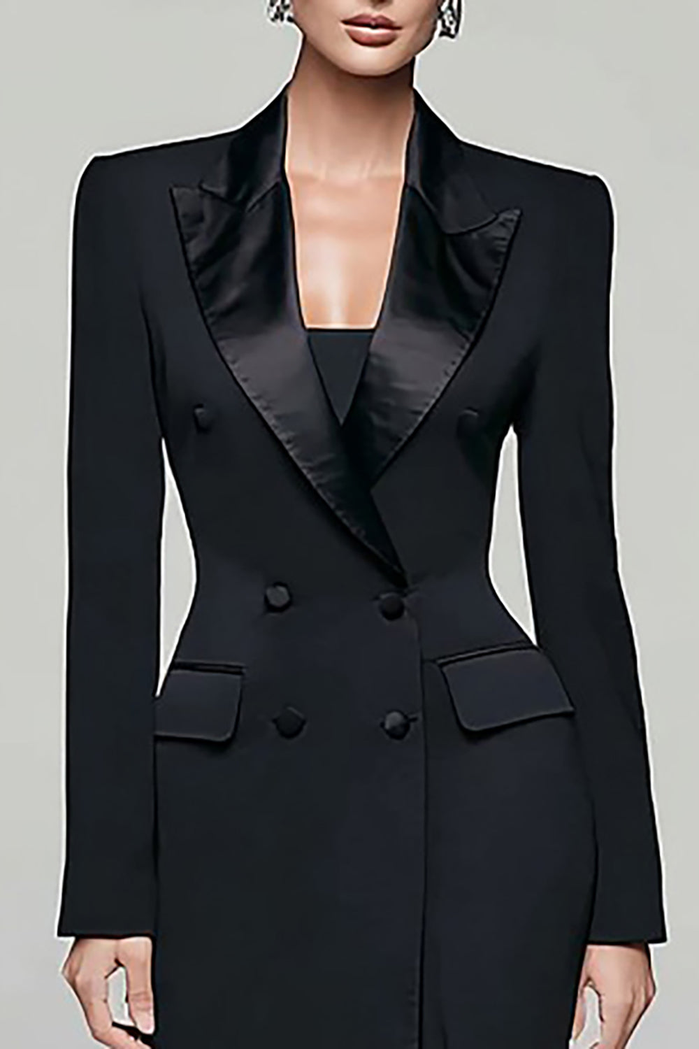 Black Peak Lapel Double Breasted Blazer Dress With Slit