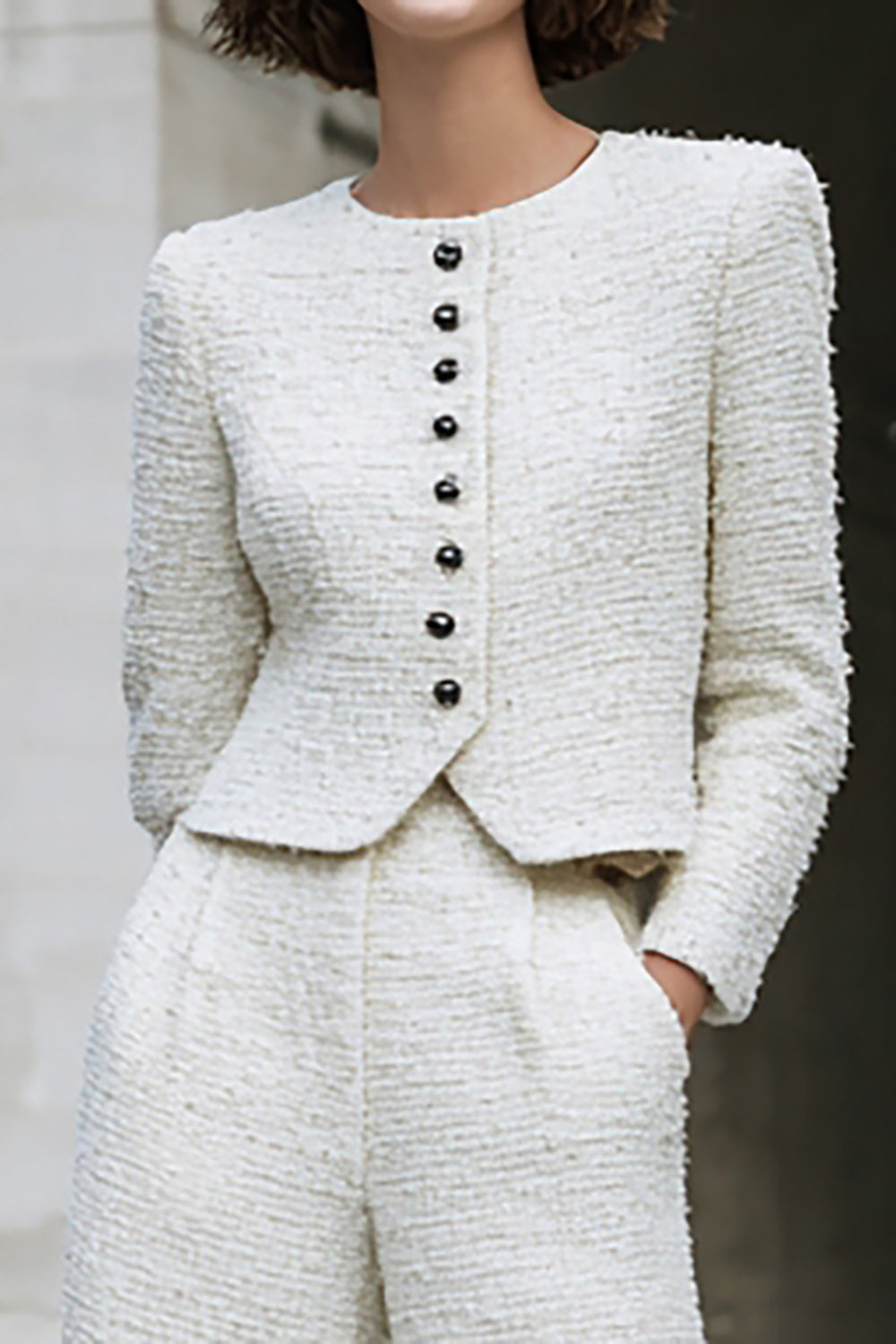 2 Piece Ivory Tweed Single Breasted Women Suits With Pockets