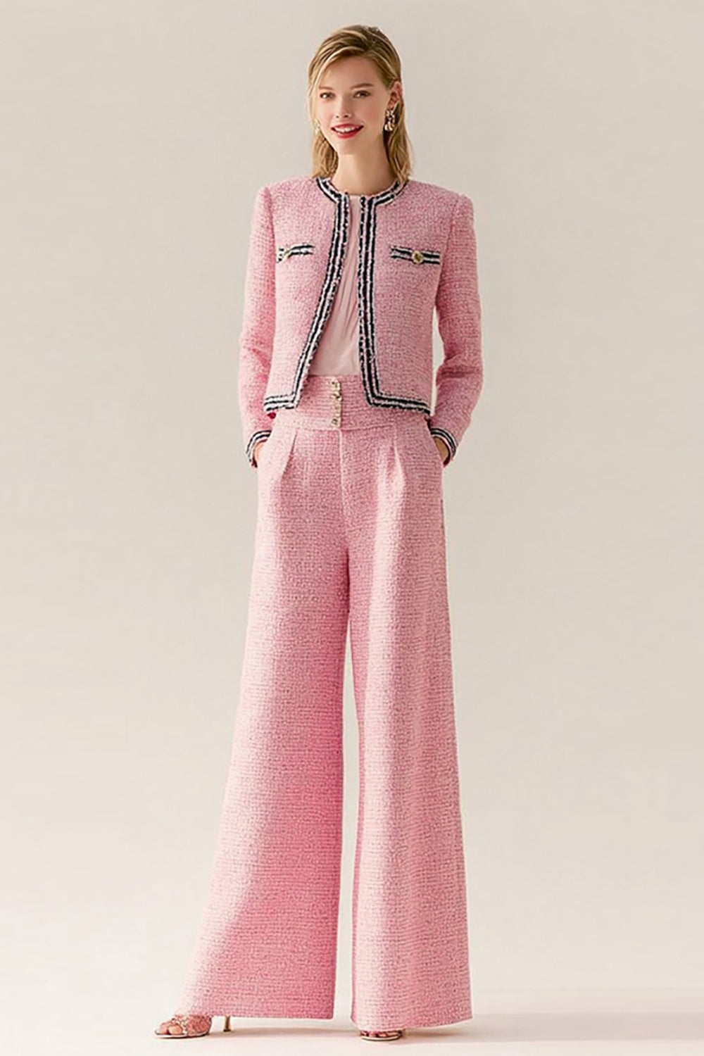 Pink Tweed 2 Piece Round Neck Women Suits With Pockets