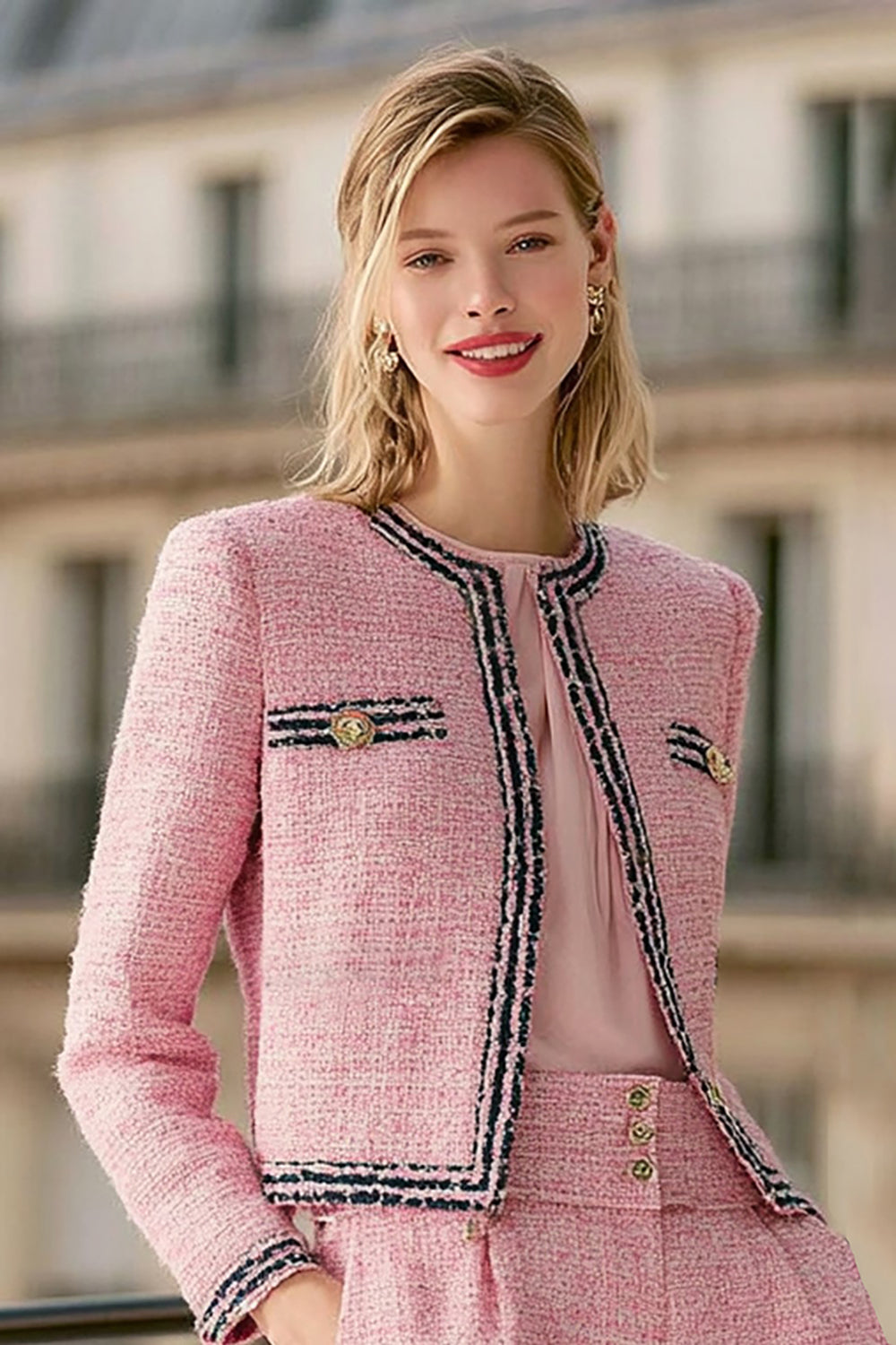 Pink Tweed 2 Piece Round Neck Women Suits With Pockets