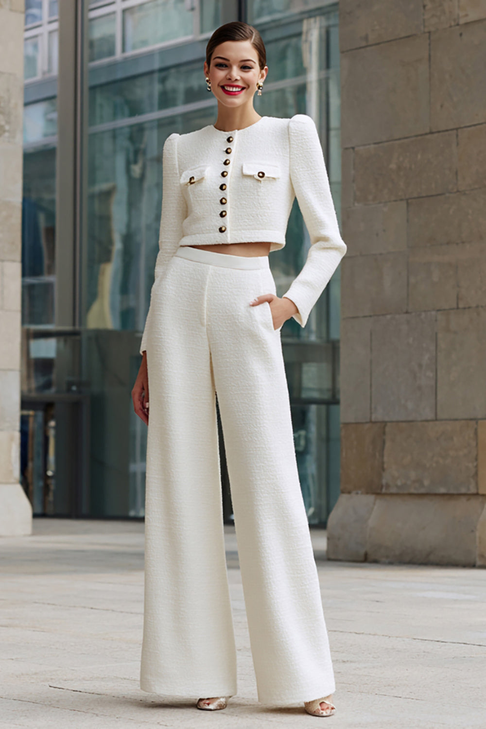 Ivory 2 Piece Single Breasted Women Suits With Pockets