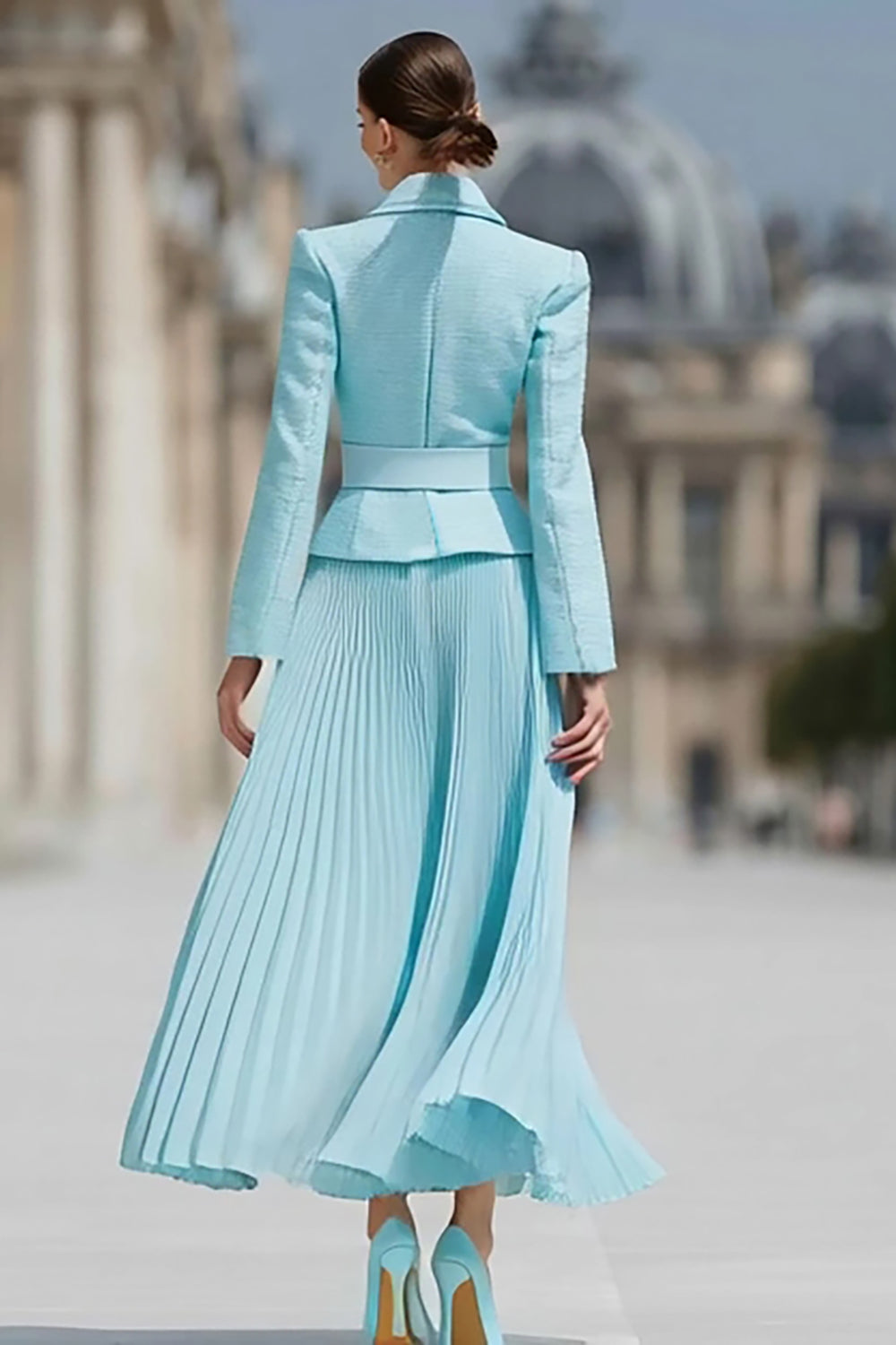 Light Blue Pleated A-Line Notched Lapel 2 Piece Work Dress With Belt