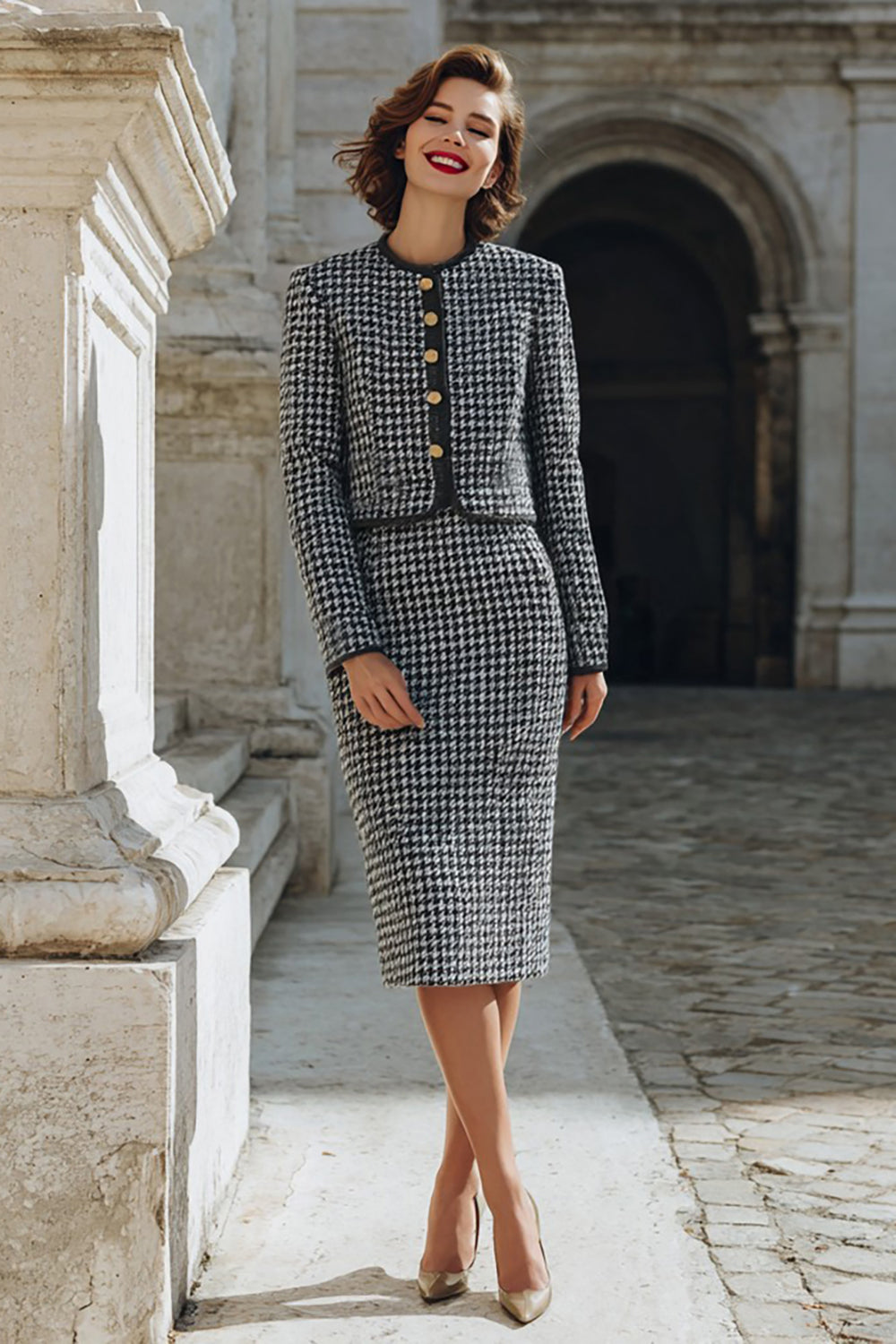 2 Piece Grey Mix Pencil Tweed Single Breasted Midi Work Dress