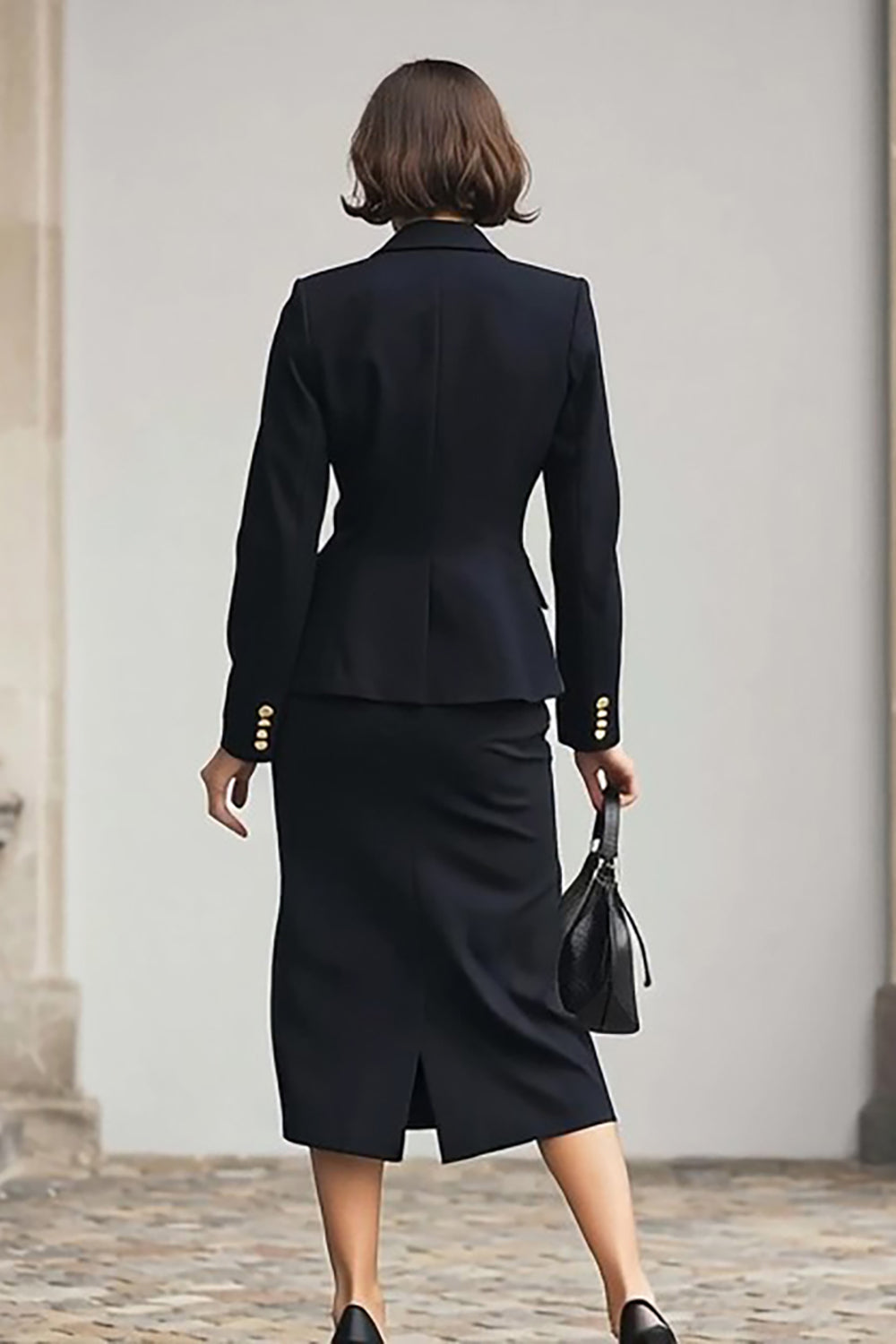 Black Notched Lapel 2 Piece Single Breasted Pencil Work Dress