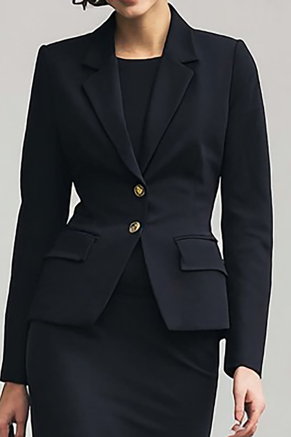 Black Notched Lapel 2 Piece Single Breasted Pencil Work Dress