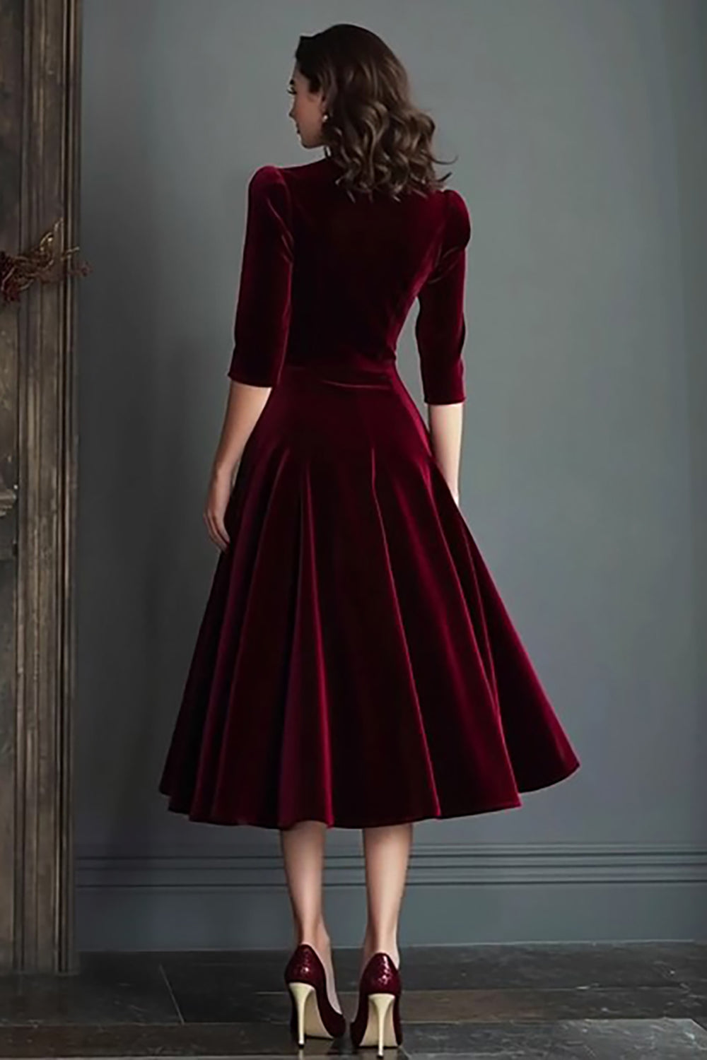Burgundy Velvet A-Line V-Neck Midi Dress with Half Sleeves