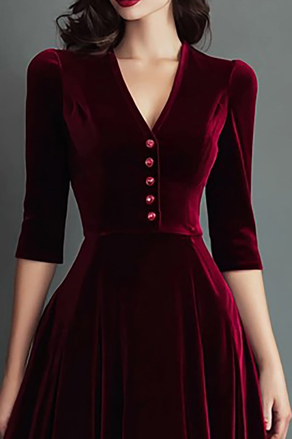 Burgundy Velvet A-Line V-Neck Midi Dress with Half Sleeves