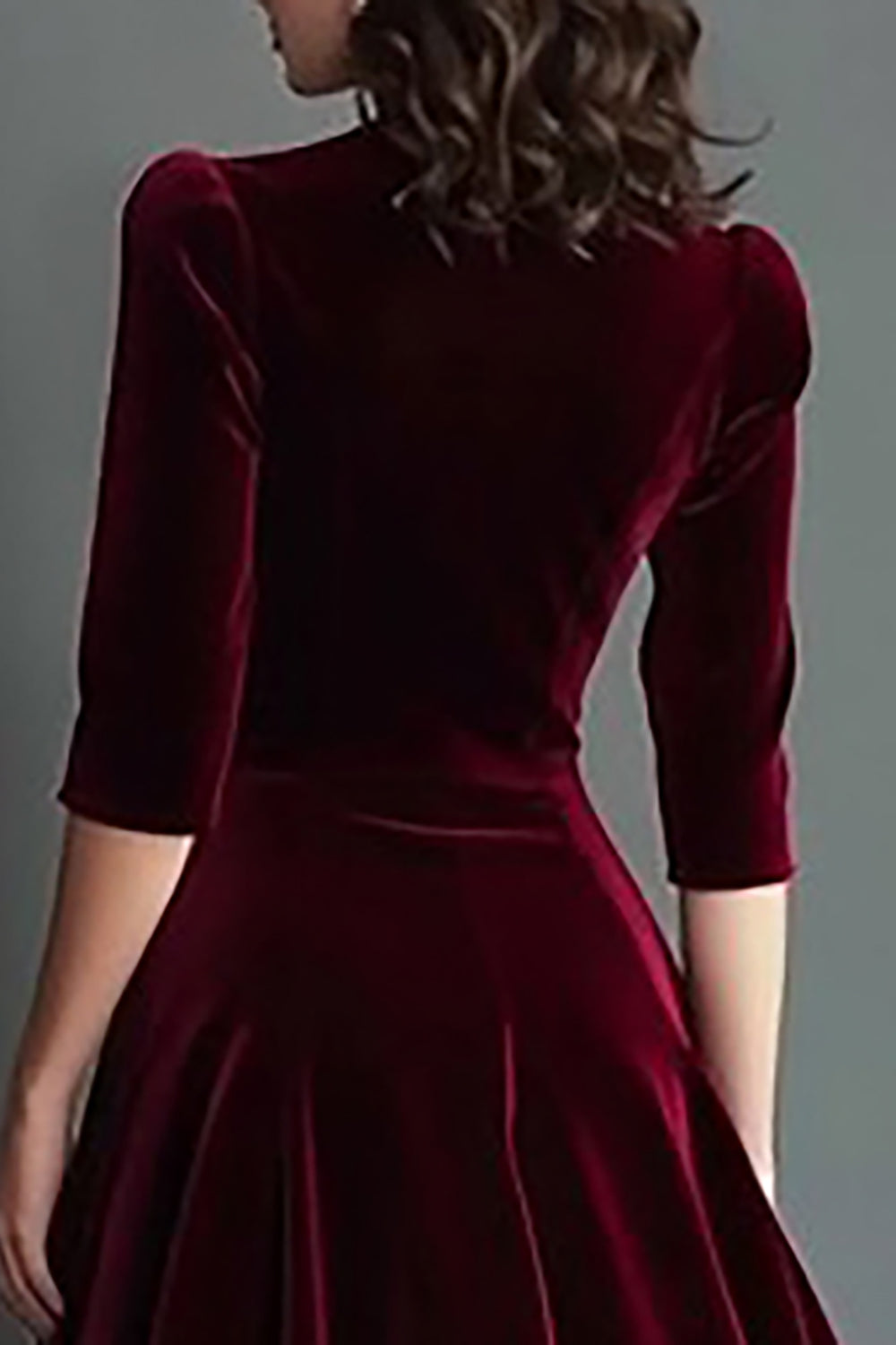 Burgundy Velvet A-Line V-Neck Midi Dress with Half Sleeves