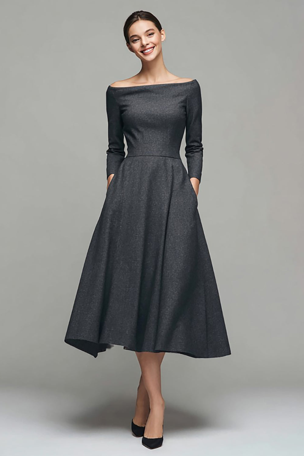 Dark Grey Bateau Neck A-Line Midi Dress with Pockets