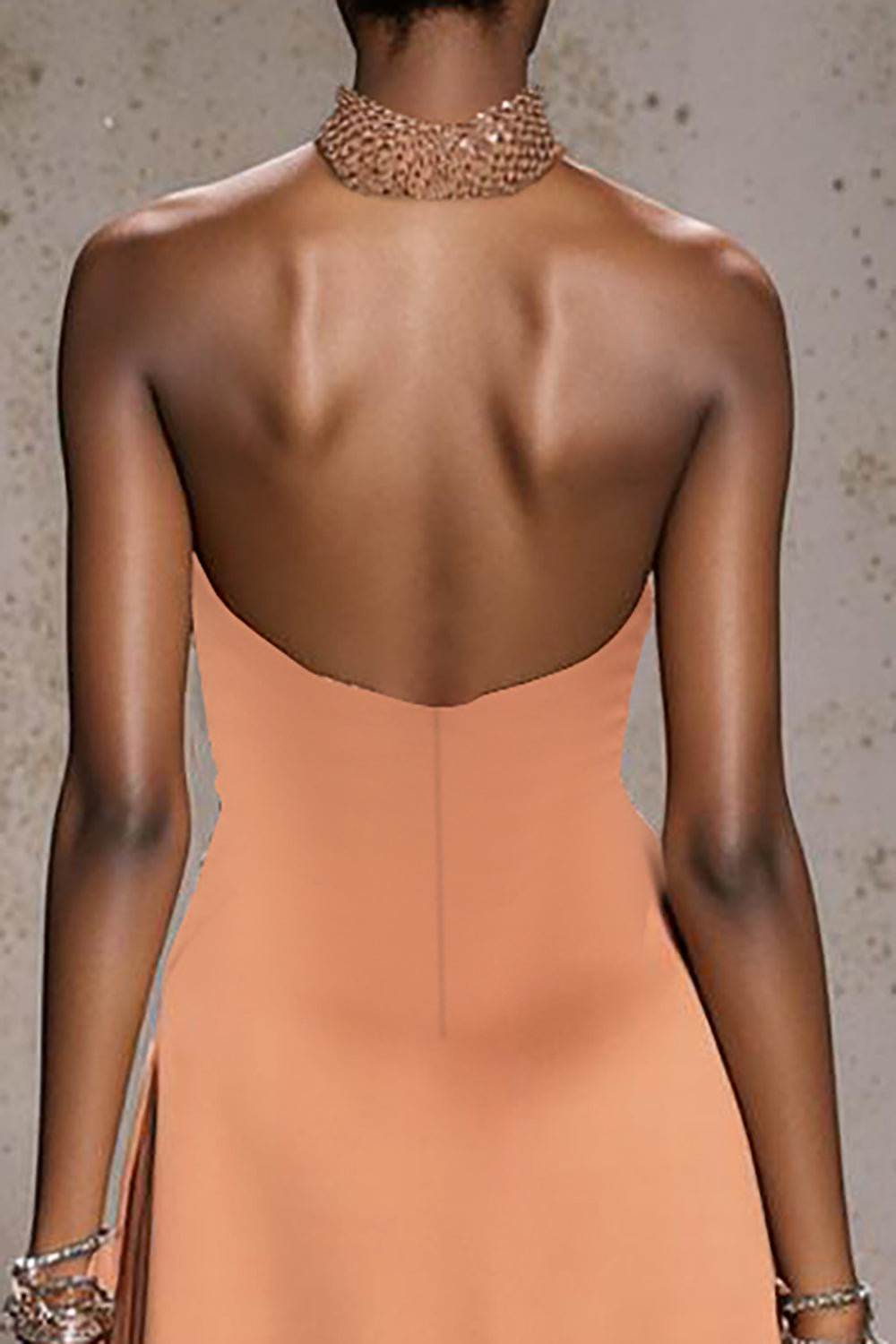 Halter Orange Beaded A-Line Satin Gala Dress With Slit