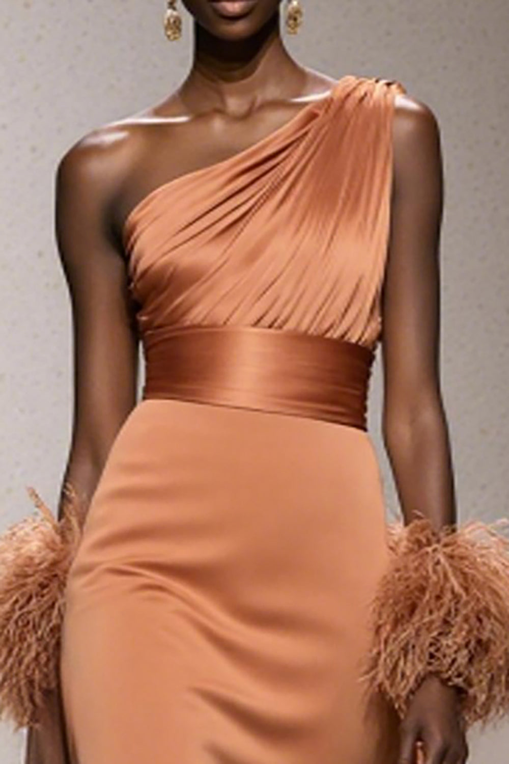 Orange One Shoulder A-Line Maxi Gala Dress With Feathers