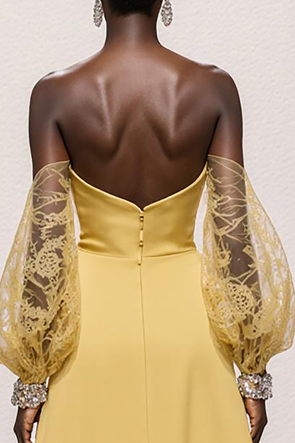 Daffodil Strapless Lace Gala Dress With Puff Sleeves