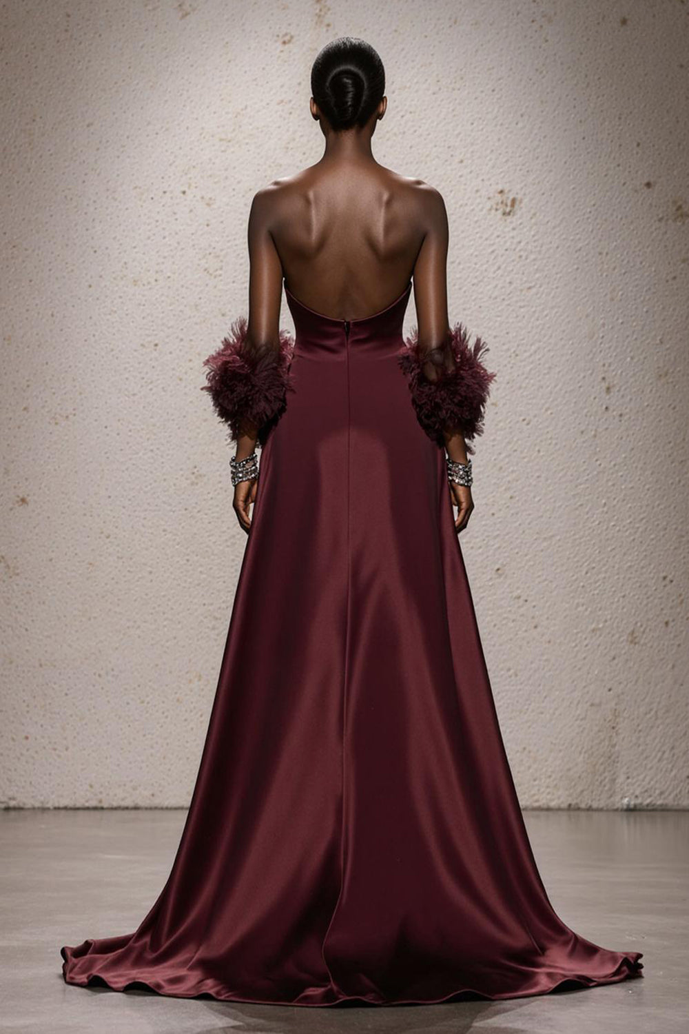 Burgundy A-Line Strapless Maxi Gala Dress (Without Feathers)