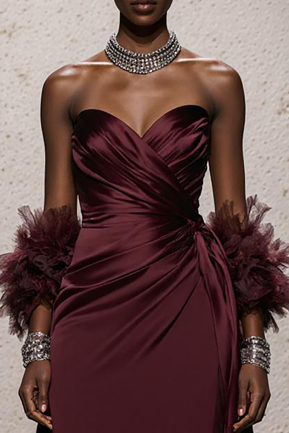 Burgundy A-Line Strapless Maxi Gala Dress (Without Feathers)