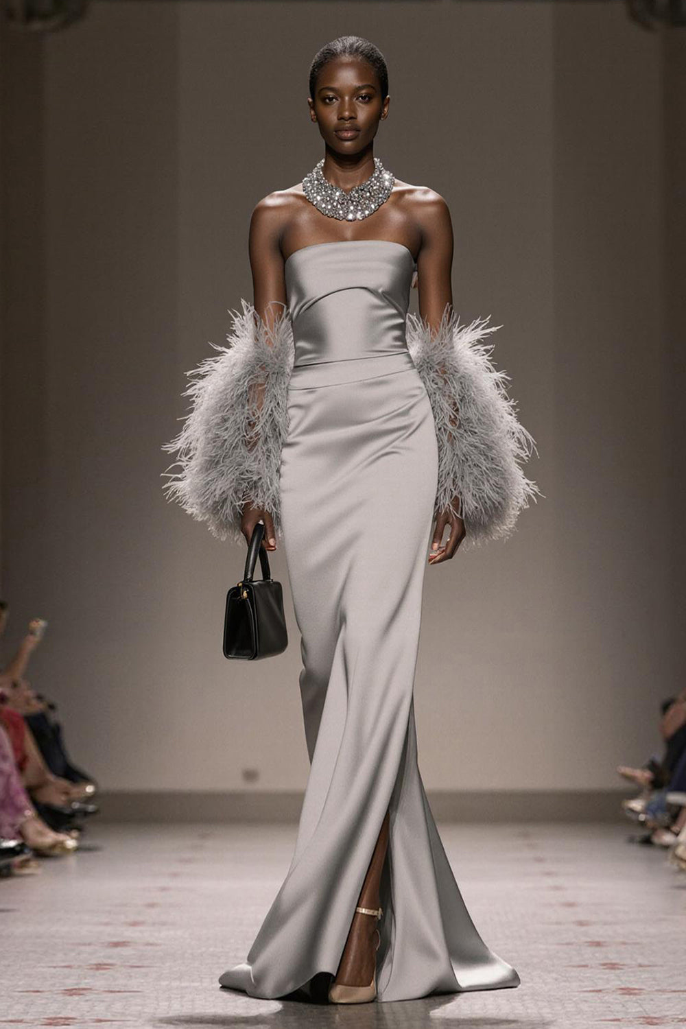 Strapless Mermaid Satin Silver Gala Dress (Without Feathers)
